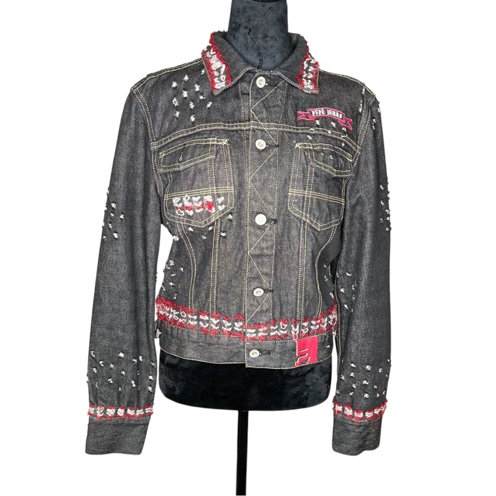 PEPE JEANS Vintage Denim Med. Dark Wash Distressed Festival Trucker Jacket SZ:L